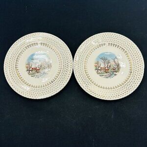 Coronet By Salem 6.25" Dessert Fruit Plates 23k Gold Winter Farm Scene Set of 2